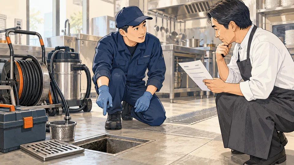 排水設備を確認し作業内容と見積もりを説明するイメージイラスト