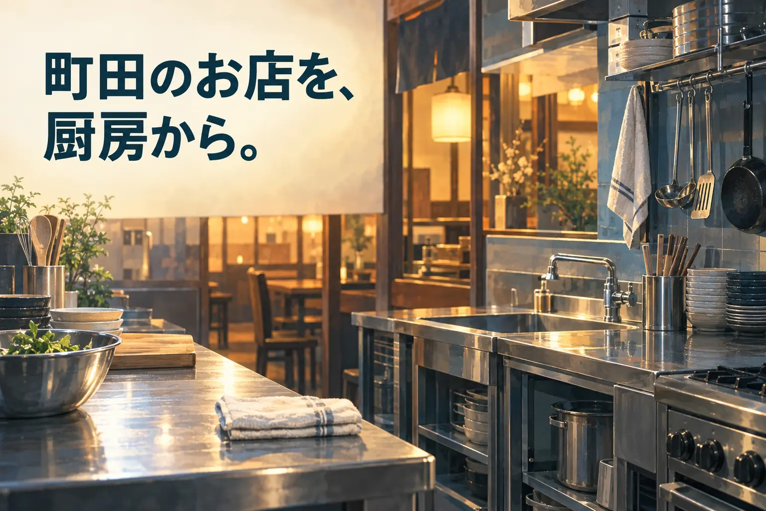 町田のお店を、厨房から。と書かれた飲食店の厨房のイメージイラスト