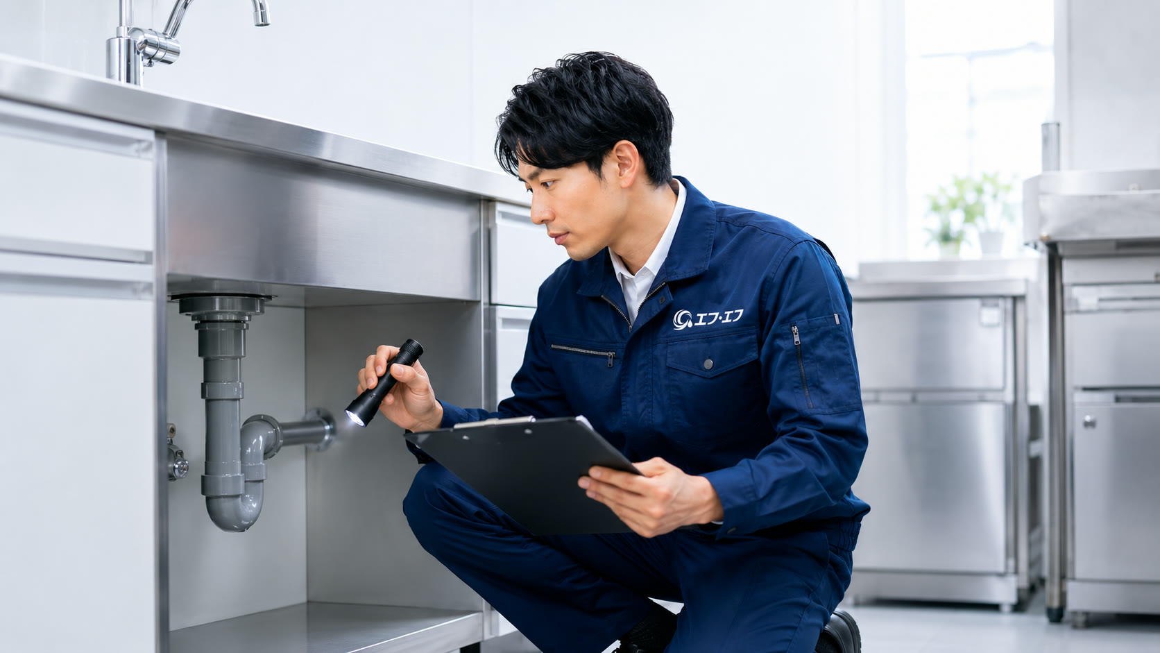 排水設備を点検する株式会社エフ・エフの作業員