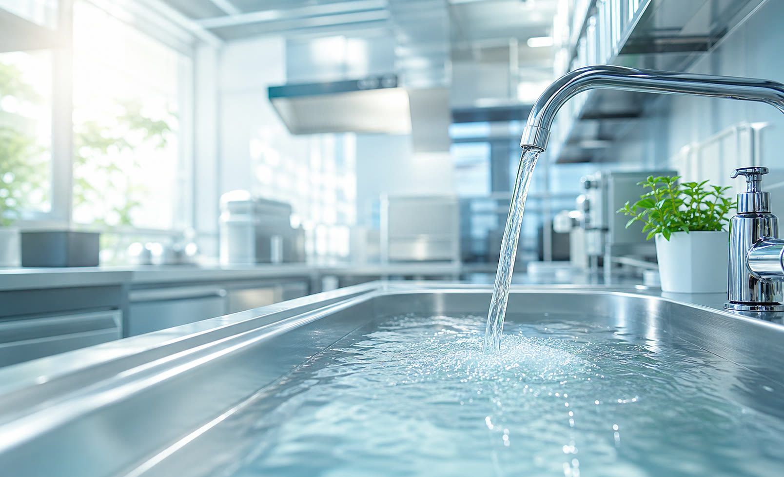 清潔な厨房設備で水が流れている様子