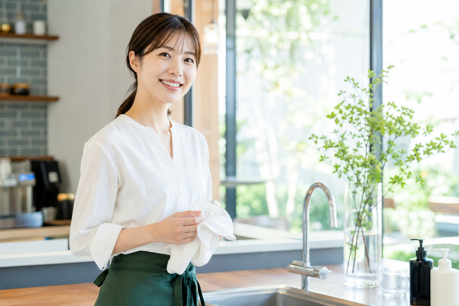 清潔な水まわりのある空間で笑顔を見せる人物